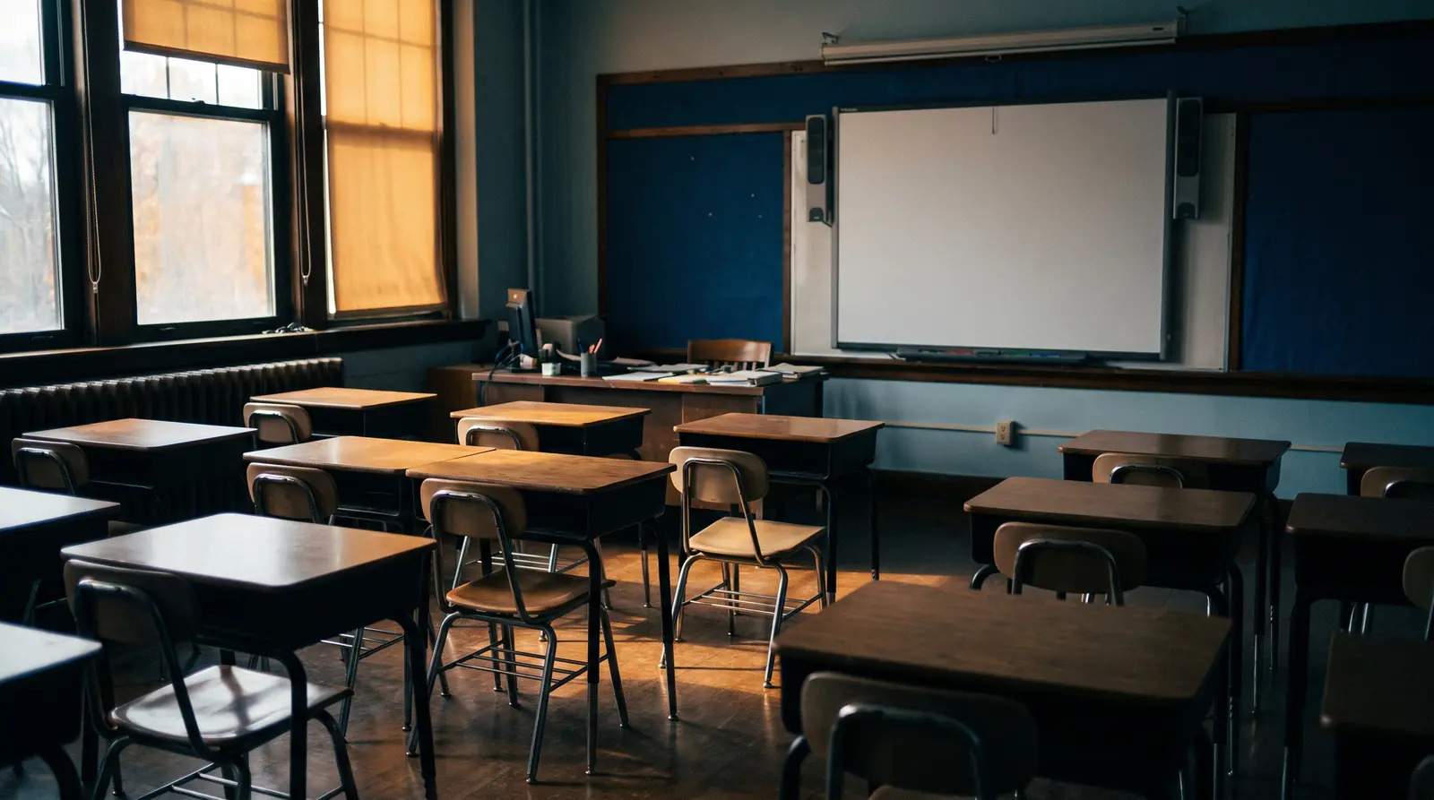 An empty middle school classroom with rows of desks in soft window light