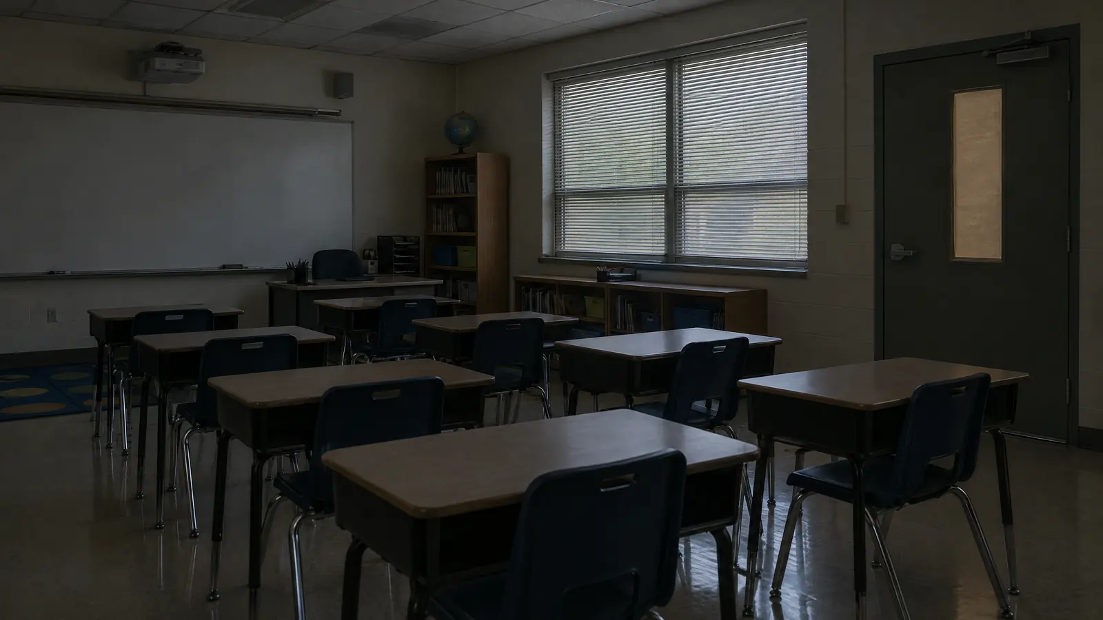 An empty classroom with the door closed and lights off during a lockdown drill
