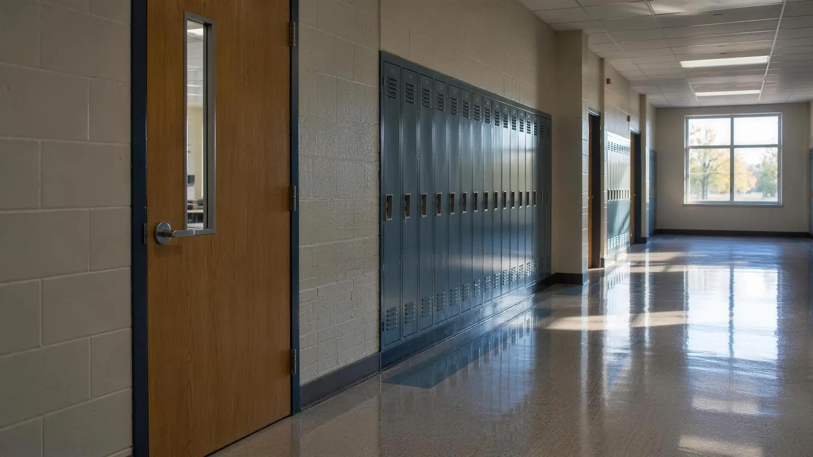 An empty elementary school hallway with a classroom door and its narrow glass window, morning light